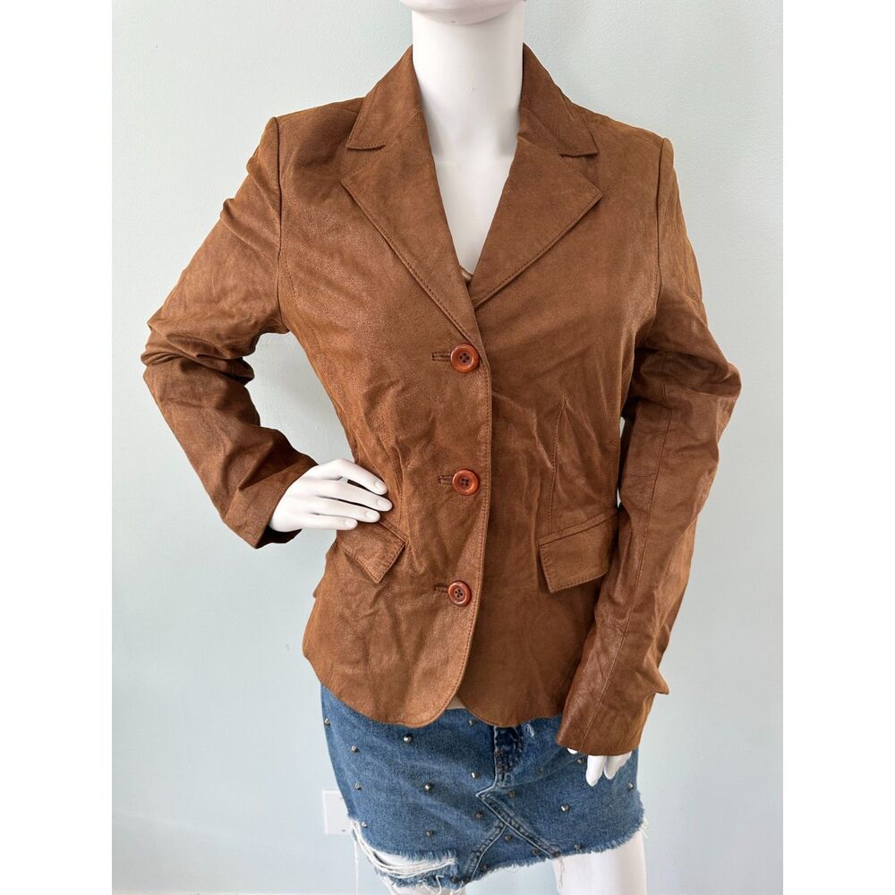 Vintage Women's Brown Suede Leather Blazer Jacket Metallic 3 Button size M